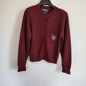 Ladies Petite SZ P Vintage Herman Geist Burgundy Cardigan Sweater